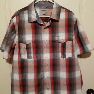 Carhartt Button Up Shirt Mens Extra Large XL Red GRAY Plaid Relaxed Fit Cotton